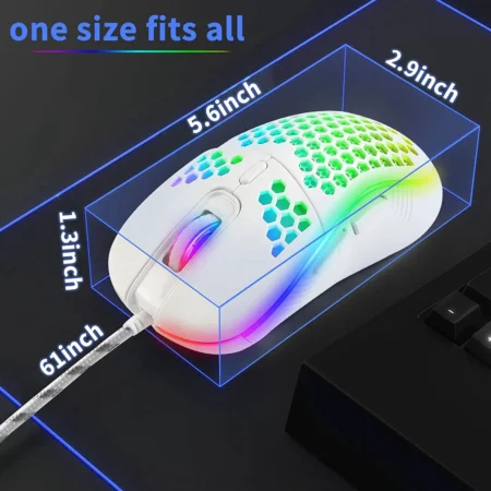Ratón óptico blanco para juegos, retroiluminación RGB con cable de panal y 8000 DPI ajustables, ratón USB ergonómico y ligero para ordenador
