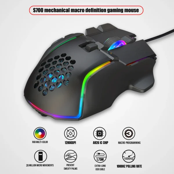 12800Dpi ajustable ató con alambre el ratón programable óptico del juego del Rgb del ratón del juego con software - Imagen 4