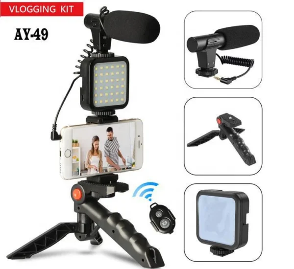 Kits de vídeo Vlogger, micrófono, luz de relleno LED, mini trípode con mano para cámara, micrófono de vídeo