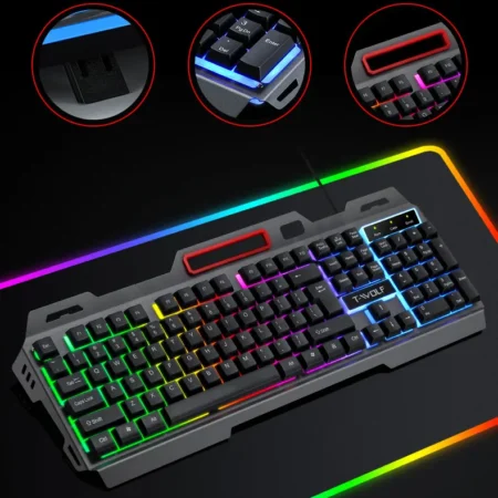 Teclado para juegos, sensación mecánica, teclados para jugadores RGB retroiluminado con LED, teclado con cable USB, teclado para juegos de ordenador para PC y portátil