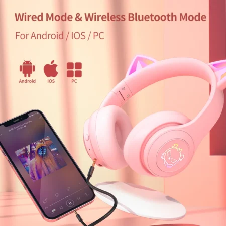Auriculares inalámbricos HIFI de alta calidad con luz LED RGB y música rosa, auriculares con cancelación de ruido para gatos, Bluetooth con micrófono